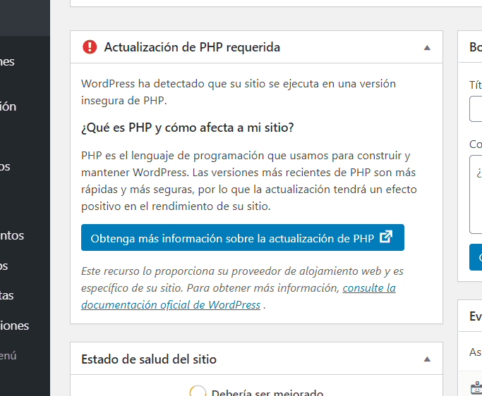 Actualización de PHP requerida